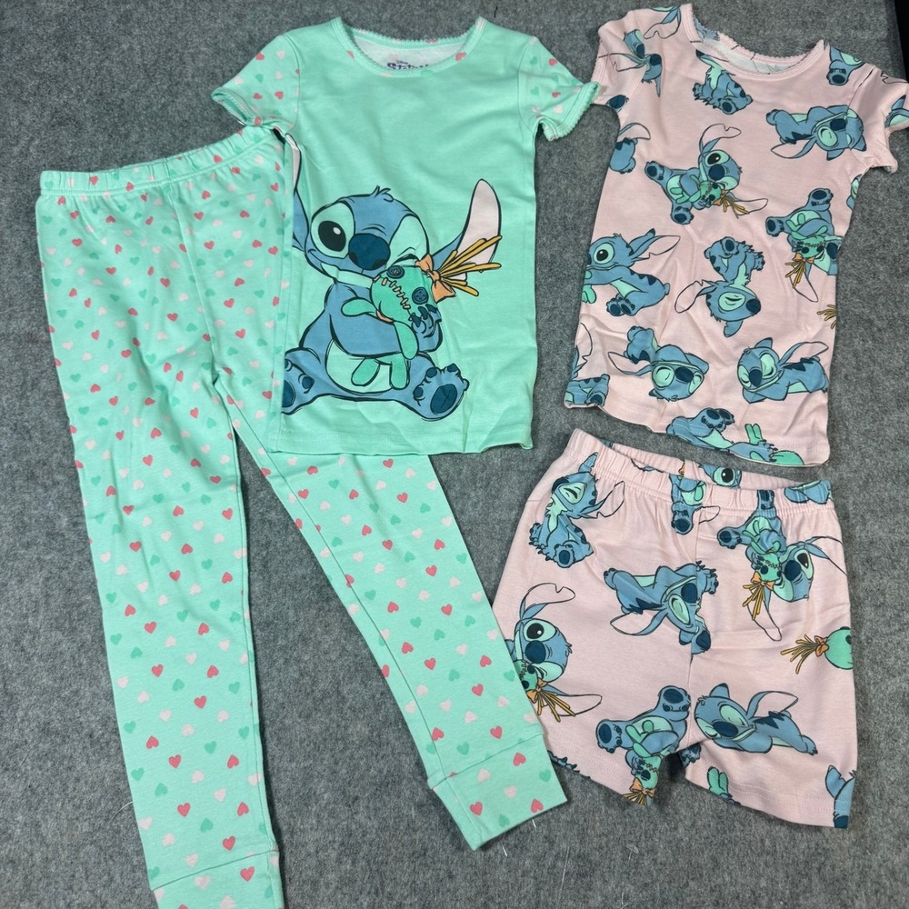 Disney Stitch Girls 4 Piece Pajama Set Mint Green Pink Hearts Size 6 Cotton